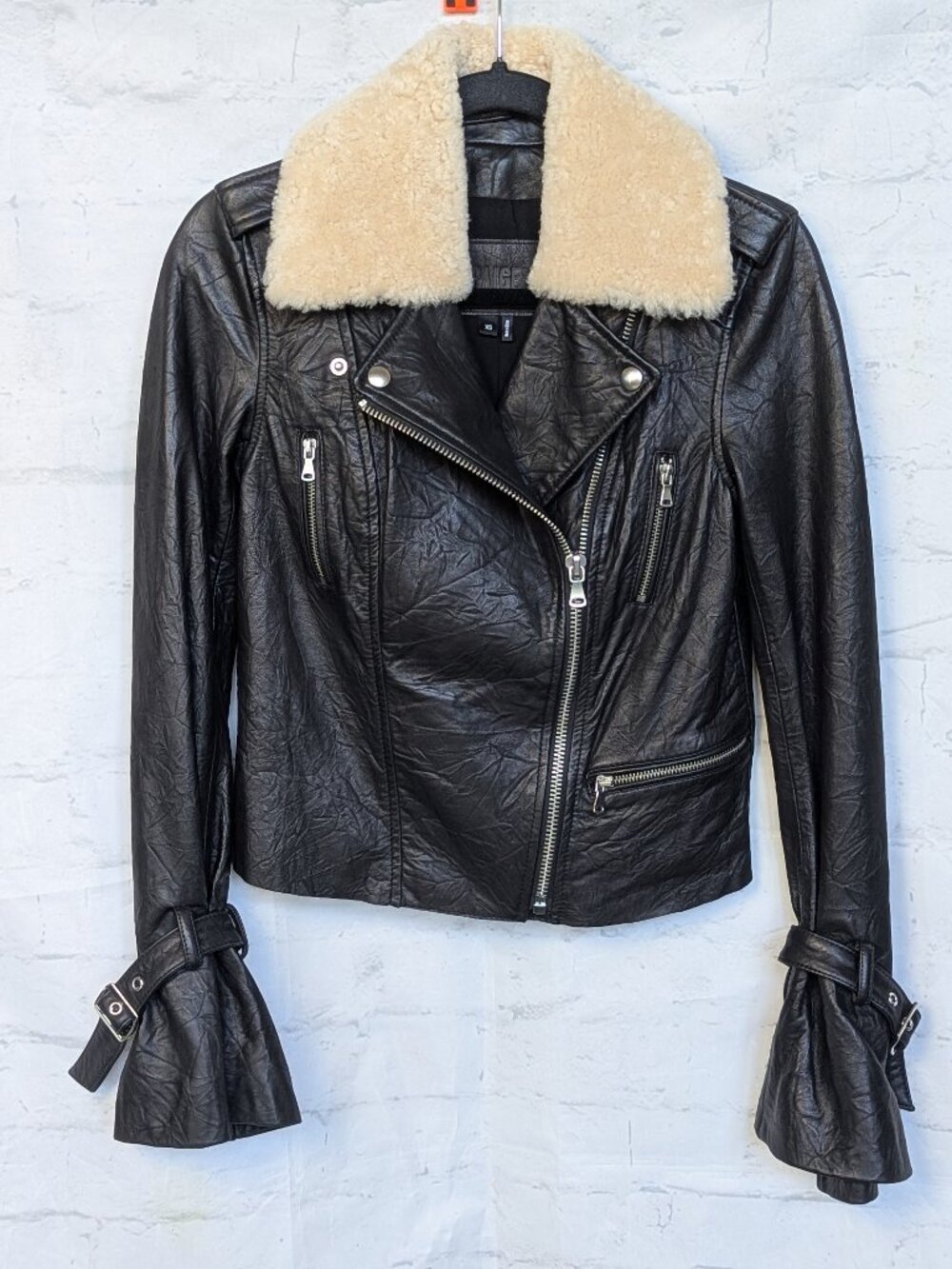 PAIGE Rhoda Black Genuine Leather Moto Jacket Shearling Collar XS 3837C27-1086